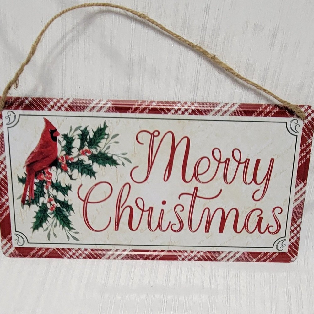 Merry Christmas Wreath Attachment Metal Red Cardinal Holly Plaid Holiday Decor